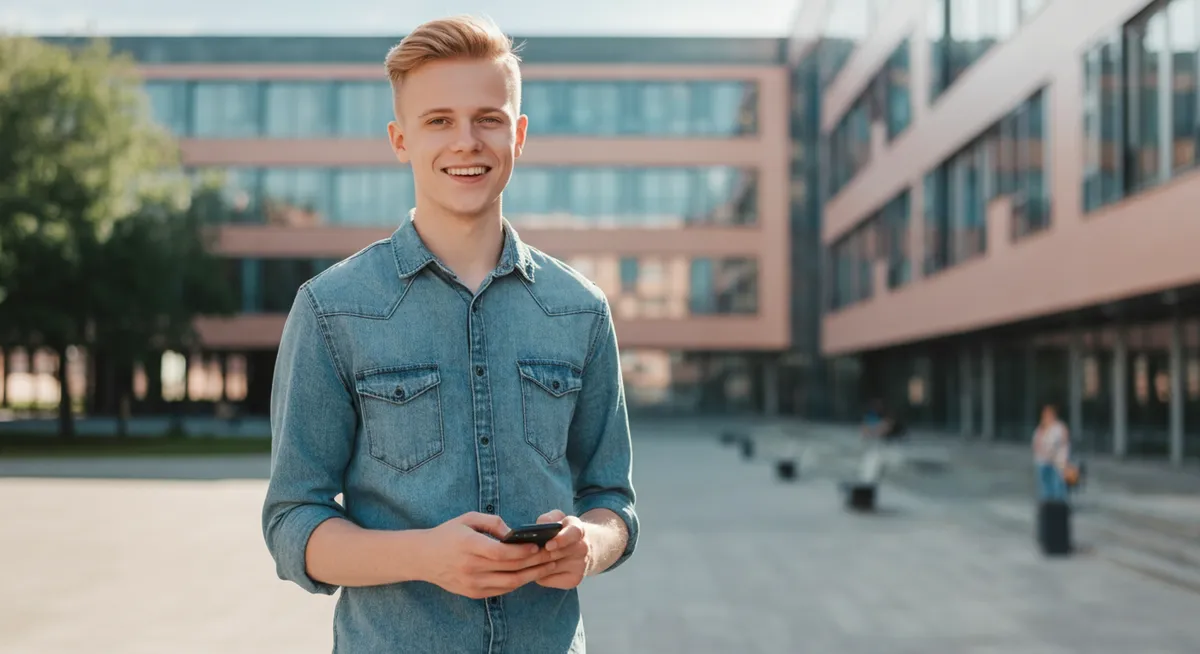 Student rozmawiający przez telefon na tle uczelni