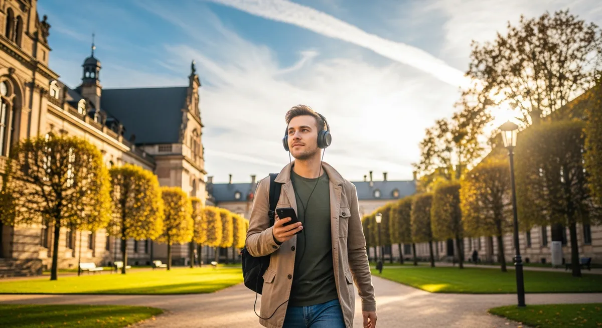 Polski student słuchający podcastu na słuchawkach na słonecznym kampusie