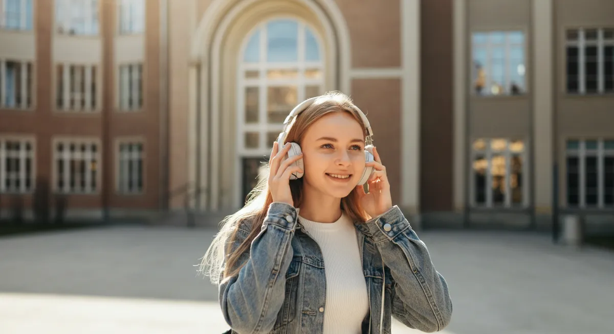 Student słuchający podcastu na kampusie