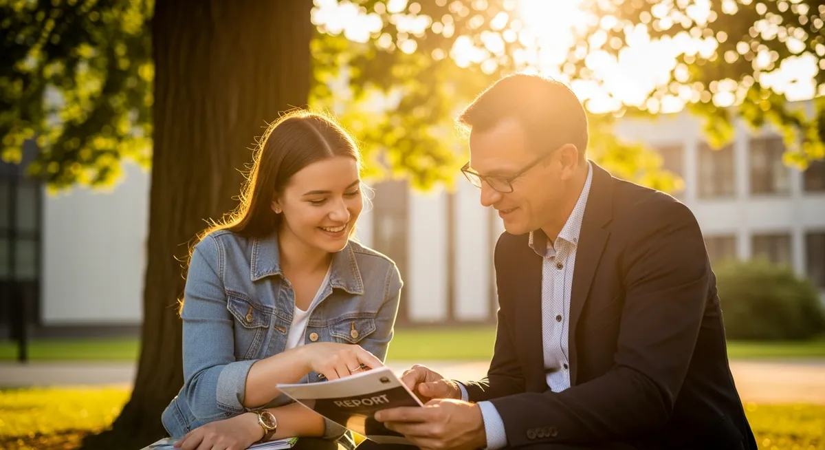 Student i profesor dyskutujący na zielonym kampusie uczelni
