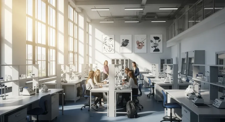 Grupa polskich studentów rozmawiająca w jasnym laboratorium uniwersyteckim