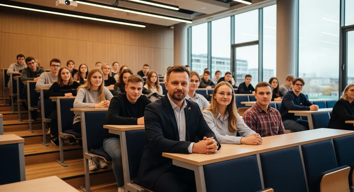 Polski profesor i studenci w nowocześnie oświetlonej sali wykładowej