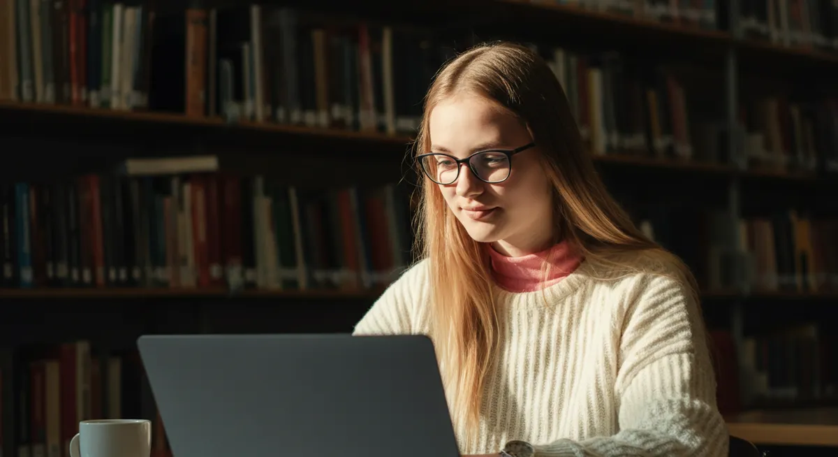 Studentka pracująca na laptopie w jasnym wnętrzu