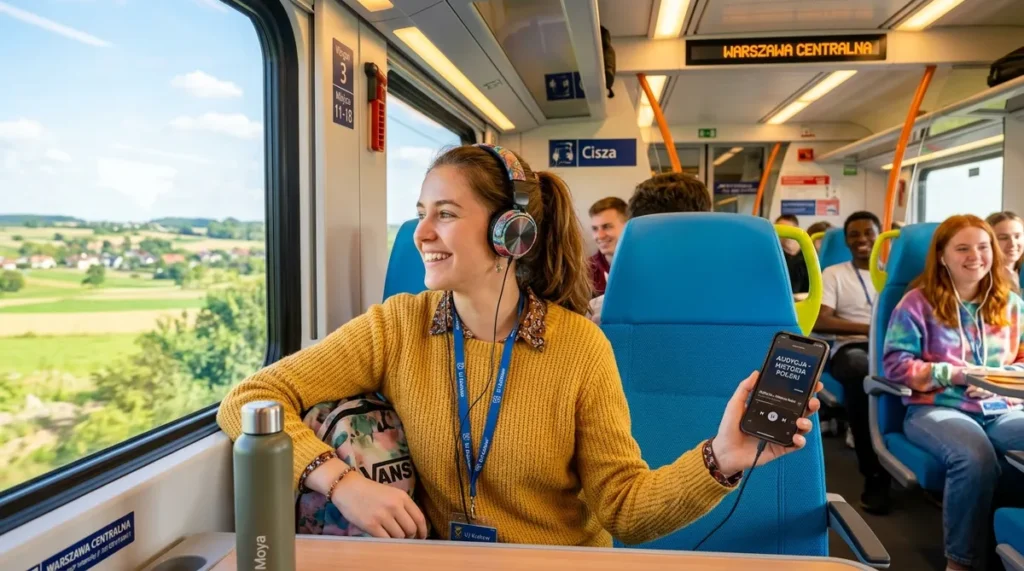 Studentka słuchająca podcastu o nowościach