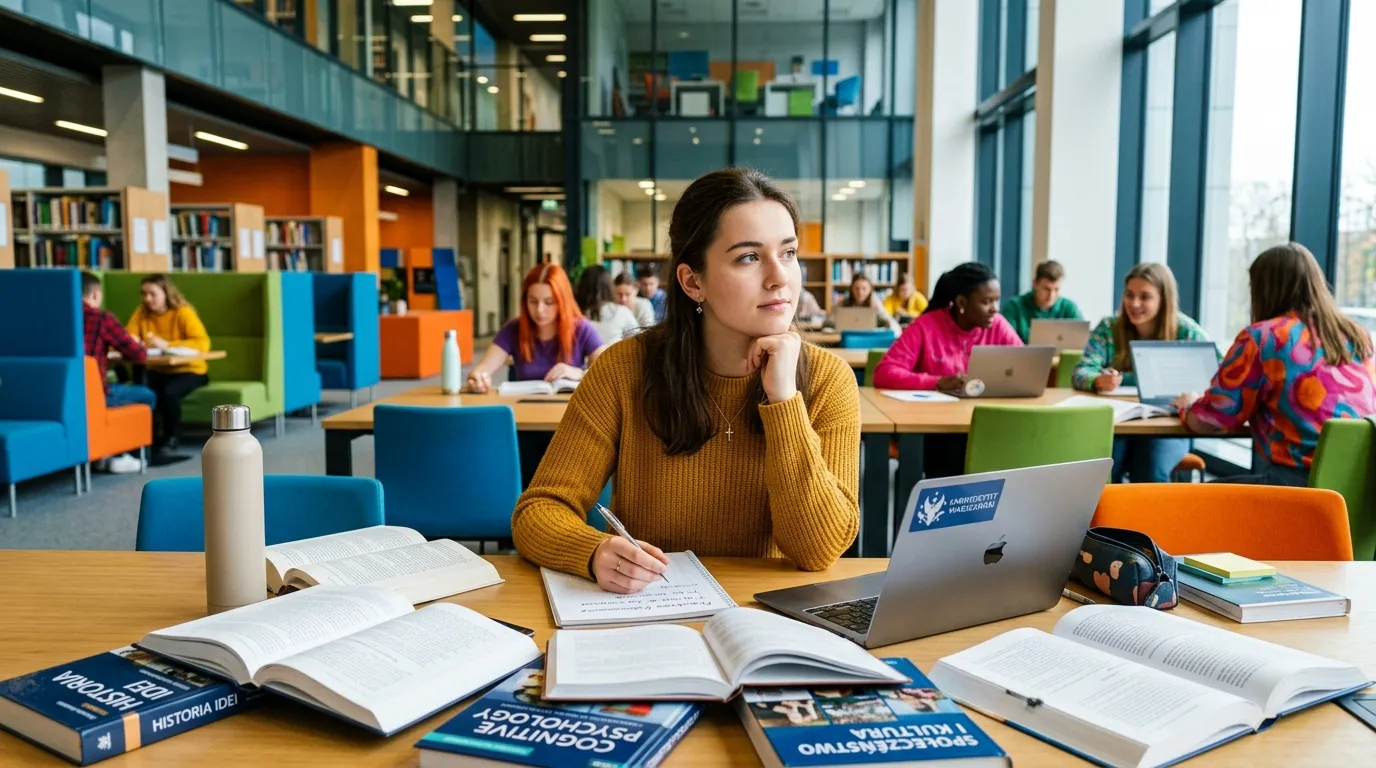 Studentka analizuje skomplikowane schematy w bibliotece